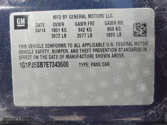 2014 Chevrolet Cruze ECO with VIN 1G1PJ5SB7E7343600, listed as a IAAI auction lot 42019264 with 115,053 mi miles. Bid and sale history available at carsss.com. Image 9.