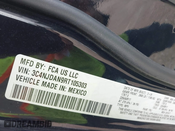2024 Jeep Compass Sport с VIN 3C4NJDAN9RT105303, выставлен на аукционе IAAI как лот 41554518 с пробегом 10 798 миль миль и . История ставок и продаж доступна на DreamBid. Изображение 9.