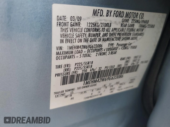2009 Mercury Sable Premier with VIN 1MEHM42W69G633086, listed as a Copart auction lot 88501645 with 101,347 mi miles and Salvage title. Bid and sale history available at DreamBid. Image 12.