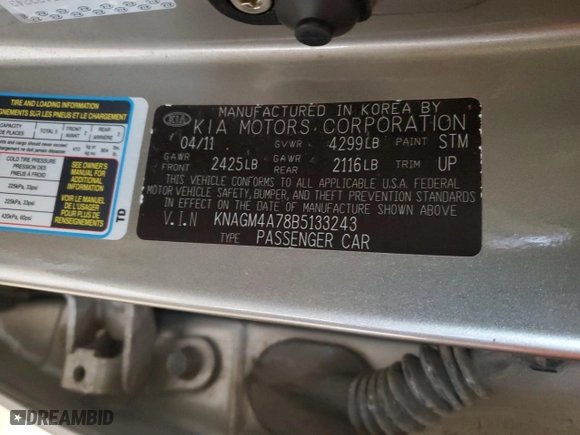 2011 Kia Optima LX with VIN KNAGM4A78B5133243, listed as a Copart auction lot 53530195 with 198,555 mi miles and Non Repairable. Bid and sale history available at carsss.com. Image 13.