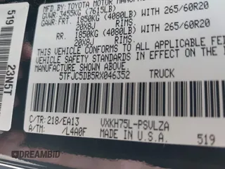 2024 Toyota Tundra Limited Hybrid with VIN 5TFJC5DB5RX046352, listed as a IAAI auction lot 42139232 with 22,189 mi miles and . Bid and sale history available at DreamBid. Image 9.