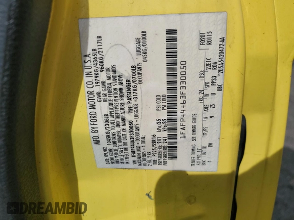 2003 Ford Mustang Deluxe with VIN 1FAFP44463F330050, listed as a Copart auction lot 48695145 with 116,740 mi miles and Salvage Title. Bid and sale history available at carsss.com. Image 12.
