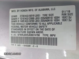 2019 Honda Odyssey LX с VIN 5FNRL6H20KB074790, выставлен на аукционе IAAI как лот 42150133 с пробегом 57 011 миль миль и . История ставок и продаж доступна на DreamBid. Изображение 9.