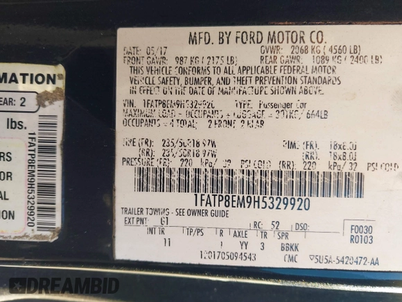 2017 Ford Mustang V6 with VIN 1FATP8EM9H5329920, listed as a IAAI auction lot 41269529 with 46,923 mi miles and . Bid and sale history available at carsss.com. Image 9.
