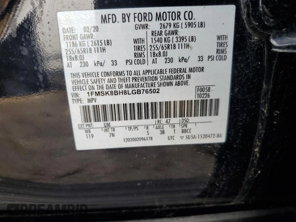2020 Ford Explorer with VIN 1FMSK8BH8LGB76502, listed as a Copart auction lot 59915185 with 45,056 mi miles and Salvage title. Bid and sale history available at DreamBid. Image 14.