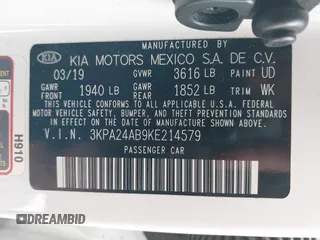 2019 Kia Rio S with VIN 3KPA24AB9KE214579, listed as a IAAI auction lot 41764485 with 82,231 mi miles. Bid and sale history available at carsss.com. Image 9.