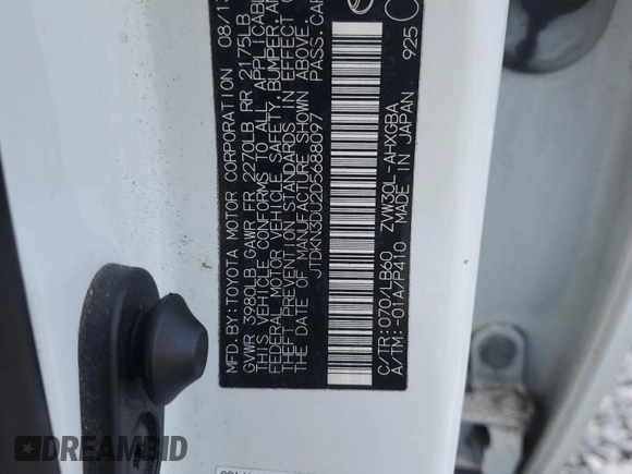 2013 Toyota Prius One with VIN JTDKN3DU2D5688097, listed as a Copart auction lot 54325715 with 88,741 mi miles and Salvage Title. Bid and sale history available at DreamBid. Image 13.