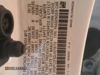2020 Honda Civic Sedan Sport with VIN 2HGFC2F82LH578712, listed as a Copart auction lot 48104515 with 59,521 mi miles and Salvage Title. Bid and sale history available at carsss.com. Image 12.