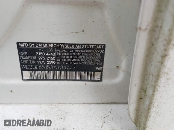 2003 Mercedes-Benz E 320 z VIN WDBUF65J53A134777, wystawiony jako IAAI lot #42429941 z przebiegiem Nie podano mil oraz . Historia ofert i sprzedaży dostępna na DreamBid. Obrazek 9.