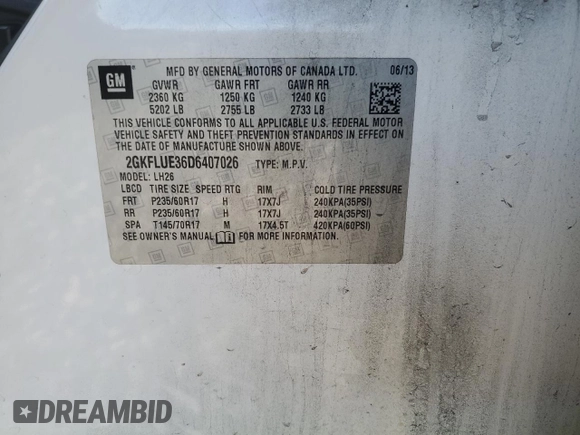 2013 GMC Terrain SLT with VIN 2GKFLUE36D6407026, listed as a Copart auction lot 42015045 with 170,042 mi miles and Salvage Title. Bid and sale history available at carsss.com. Image 13.