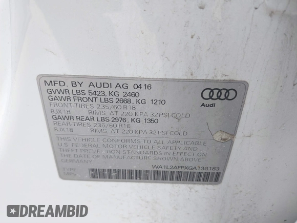 2016 Audi Q5 Premium Plus with VIN WA1L2AFPXGA136183, listed as a IAAI auction lot 41898224 with 117,640 mi miles. Bid and sale history available at carsss.com. Image 9.