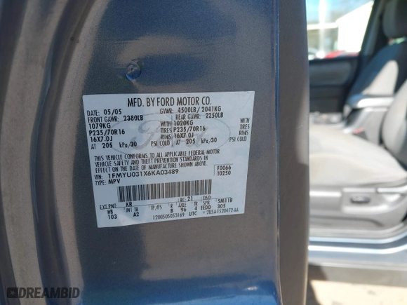 2006 Ford Escape XLT with VIN 1FMYU031X6KA03489, listed as a IAAI auction lot 41446906 with 1 mi miles. Bid and sale history available at carsss.com. Image 9.