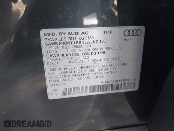 2021 Audi e-tron Premium with VIN WA1AAAGE5MB013159, listed as a IAAI auction lot 41875335 with 46,471 mi miles. Bid and sale history available at carsss.com. Image 9.