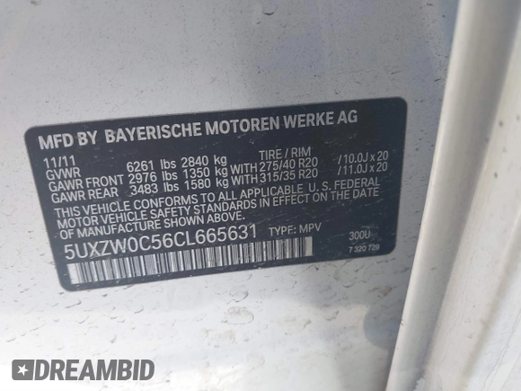 2012 BMW X5 35d with VIN 5UXZW0C56CL665631, listed as a IAAI auction lot 41055705 with 179,408 mi miles and . Bid and sale history available at DreamBid. Image 9.