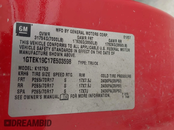 2007 GMC Sierra 1500 SLE1 z VIN 1GTEK19C17E503598, wystawiony jako IAAI lot #42088438 z przebiegiem 222 382 mil mil oraz . Historia ofert i sprzedaży dostępna na DreamBid. Obrazek 9.