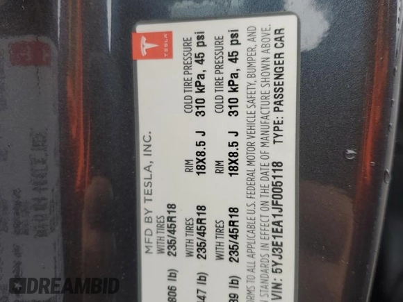 2018 Tesla Model 3 Long Range Battery z VIN 5YJ3E1EA1JF005118, wystawiony jako Copart lot #55630945 z przebiegiem 91 362 mil mil oraz Szkoda całkowita • Salvage title. Historia ofert i sprzedaży dostępna na DreamBid. Obrazek 12.