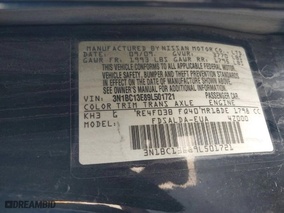 2009 Nissan Versa 1.8 S with VIN 3N1BC13E89L501721, listed as a IAAI auction lot 41770266 with 203,314 mi miles. Bid and sale history available at carsss.com. Image 9.