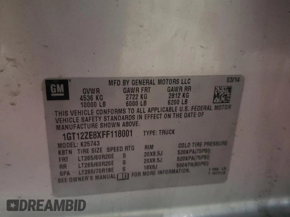 2015 GMC Sierra 2500HD SLT with VIN 1GT12ZE8XFF118001, listed as a Copart auction lot 47244475 with 119,962 mi miles and Salvage title. Bid and sale history available at DreamBid. Image 13.