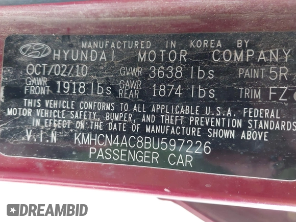 2011 Hyundai Accent GLS with VIN KMHCN4AC8BU597226, listed as a IAAI auction lot 41963682 with 166,020 mi miles and . Bid and sale history available at DreamBid. Image 9.