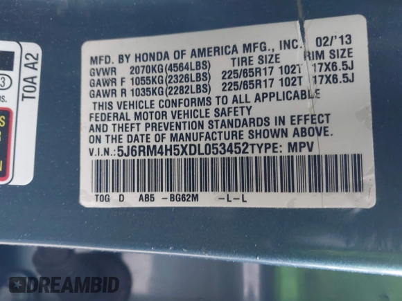 2013 Honda CR-V EX with VIN 5J6RM4H5XDL053452, listed as a IAAI auction lot 41790434 with 195,511 mi miles. Bid and sale history available at carsss.com. Image 9.
