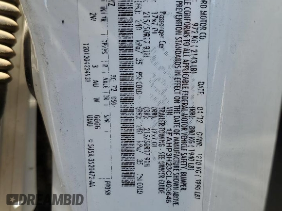 2012 Ford Focus SEL with VIN 1FAHP3H23CL403646, listed as a Copart auction lot 56329195 with 138,030 mi miles and Clean Title. Bid and sale history available at DreamBid. Image 12.