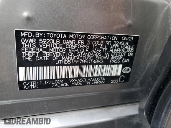 2021 Lexus LS 500 with VIN JTHD51FF7M5014893, listed as a Copart auction lot 86109654 with Not provided miles and Non repairable. Bid and sale history available at DreamBid. Image 12.