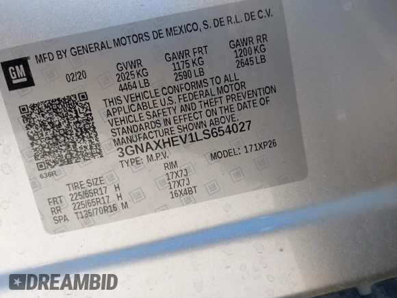 2020 Chevrolet Equinox LS with VIN 3GNAXHEV1LS654027, listed as a IAAI auction lot 41612632 with 87,311 mi miles. Bid and sale history available at carsss.com. Image 9.