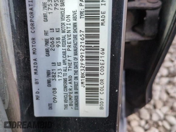 2009 Mazda 3 i Touring Value with VIN JM1BK32F991221657, listed as a Copart auction lot 50736825 with 186,406 mi miles and Clean Title. Bid and sale history available at carsss.com. Image 12.