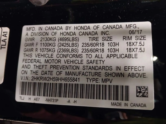 2017 Honda CR-V EX with VIN 2HKRW2H59HH655841, listed as a IAAI auction lot 41952705 with 159,699 mi miles. Bid and sale history available at carsss.com. Image 9.