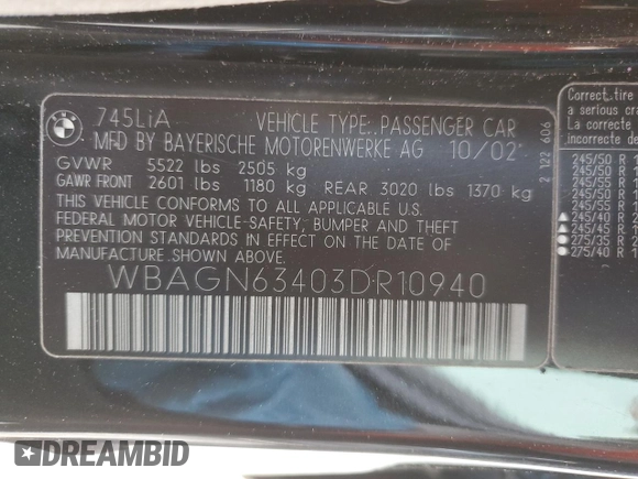 2003 BMW 7 Series 745Li with VIN WBAGN63403DR10940, listed as a Copart auction lot 54620465 with 184,535 mi miles and Salvage Title. Bid and sale history available at carsss.com. Image 12.