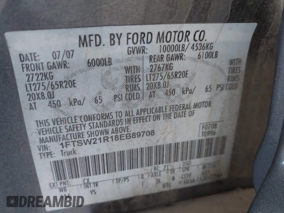 2008 Ford F-250 XL с VIN 1FTSW21R18EB89708, выставлен на аукционе IAAI как лот 42596294 с пробегом 273 950 миль миль и . История ставок и продаж доступна на DreamBid. Изображение 9.