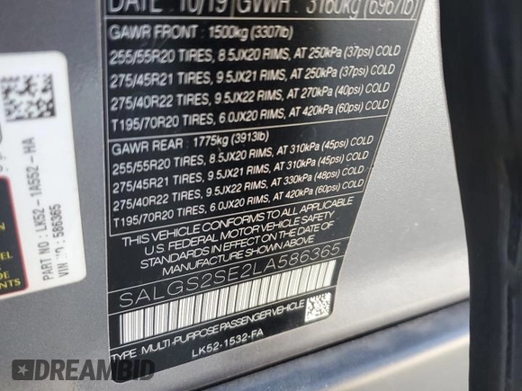 2020 Land Rover Range Rover P525 HSE с VIN SALGS2SE2LA586365, выставлен на аукционе Copart как лот 89081005 с пробегом 93 615 миль миль и Списание • Salvage title. История ставок и продаж доступна на DreamBid. Изображение 13.