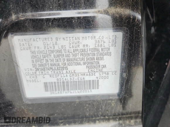 2018 Nissan Sentra SV with VIN 3N1AB7AP6JL622015, listed as a Copart auction lot 61285935 with 124,167 mi miles and Salvage title. Bid and sale history available at DreamBid. Image 13.