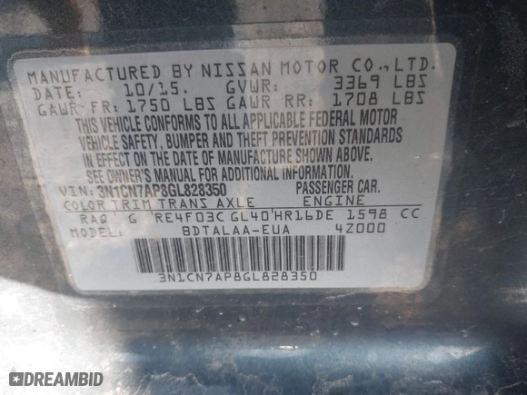 2016 Nissan Versa SV with VIN 3N1CN7AP8GL828350, listed as a IAAI auction lot 41524493 with 50,499 mi miles. Bid and sale history available at carsss.com. Image 9.