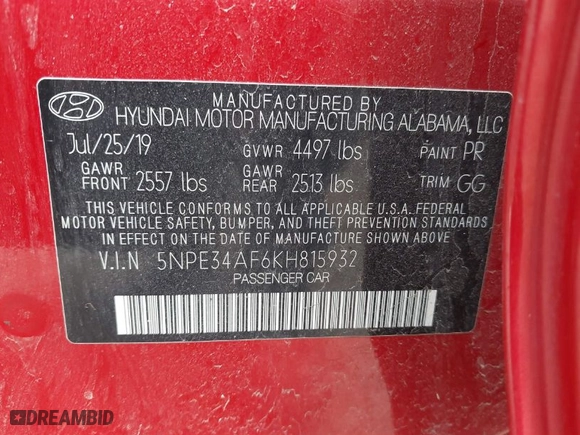 2019 Hyundai Sonata SEL with VIN 5NPE34AF6KH815932, listed as a IAAI auction lot 41930035 with 93,543 mi miles. Bid and sale history available at carsss.com. Image 9.