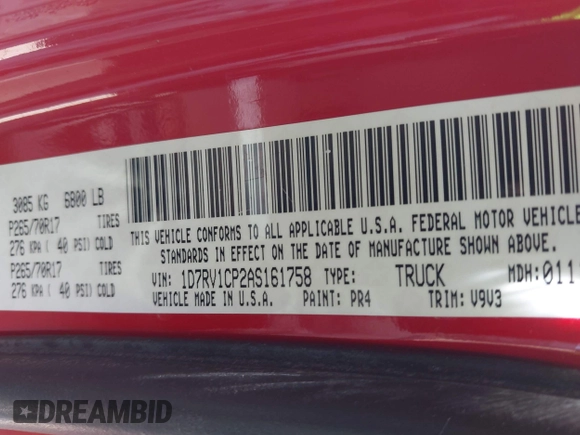 2010 Dodge 1500 SLT with VIN 1D7RV1CP2AS161758, listed as a IAAI auction lot 42013304 with 170,492 mi miles and . Bid and sale history available at carsss.com. Image 9.