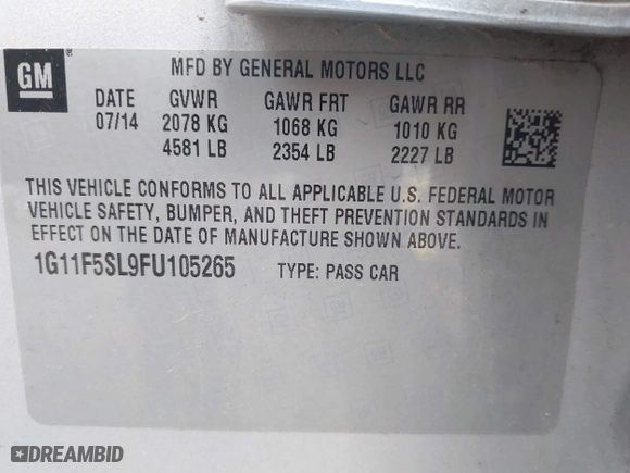 2015 Chevrolet Malibu LTZ with VIN 1G11F5SL9FU105265, listed as a IAAI auction lot 41506869 with 200,534 mi miles. Bid and sale history available at carsss.com. Image 9.