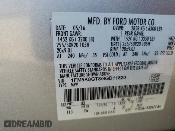 2016 Ford Explorer Sport with VIN 1FM5K8GT8GGD11820, listed as a Copart auction lot 61408305 with 178,884 mi miles and Salvage title. Bid and sale history available at DreamBid. Image 13.