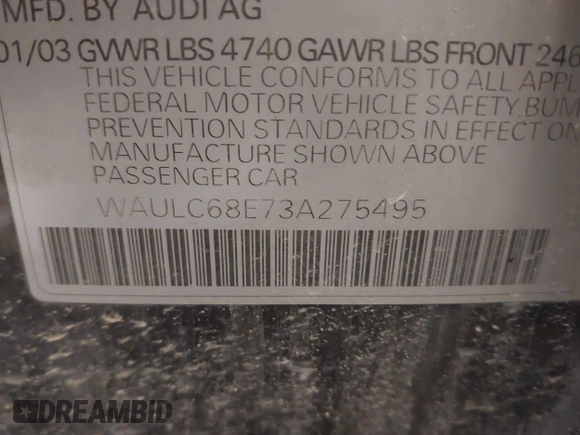 2003 Audi A4 1.8T with VIN WAULC68E73A275495, listed as a IAAI auction lot 41525711 with 184,591 mi miles. Bid and sale history available at carsss.com. Image 9.