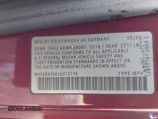 2003 Volkswagen EuroVan с VIN WV2KB47083H013778, выставлен на аукционе IAAI как лот 41537793 с пробегом 127 315 миль миль и . История ставок и продаж доступна на DreamBid. Изображение 9.