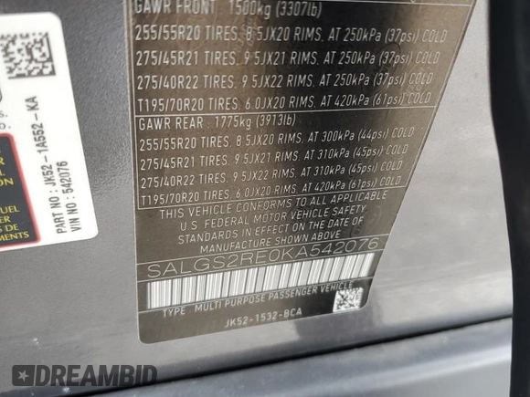 2019 Land Rover Range Rover z VIN SALGS2RE0KA542076, wystawiony jako Copart lot #60588925 z przebiegiem 69 038 mil mil oraz Szkoda całkowita • Salvage title. Historia ofert i sprzedaży dostępna na DreamBid. Obrazek 13.