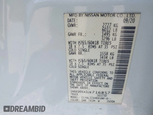 2020 Nissan Frontier SV с VIN 1N6ED0EA1LN716857, выставлен на аукционе IAAI как лот 42304722 с пробегом 51 881 миль миль и . История ставок и продаж доступна на DreamBid. Изображение 9.