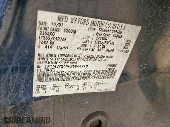 2002 Ford F-250 XL с VIN 1FTNW21F02EB04710, выставлен на аукционе Copart как лот 58752395 с пробегом Не указан миль и Списание • Salvage title. История ставок и продаж доступна на DreamBid. Изображение 12.