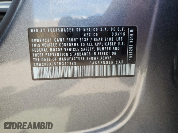 2015 Volkswagen Jetta S with VIN 3VW2K7AJ5FM327788, listed as a Copart auction lot 64034985 with 43,172 mi miles and Salvage title. Bid and sale history available at DreamBid. Image 12.