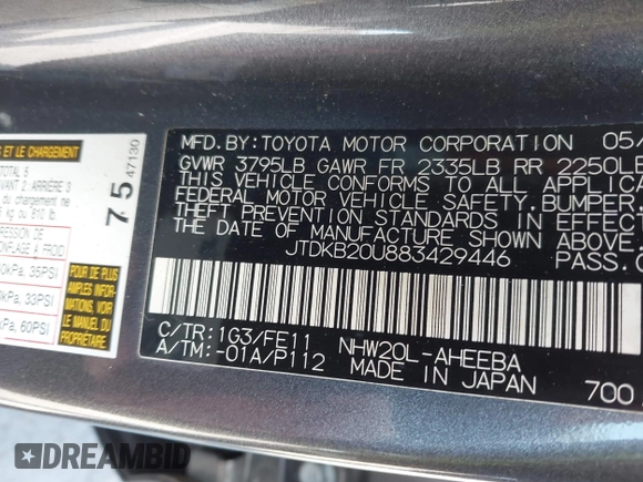 2008 Toyota Prius with VIN JTDKB20U883429446, listed as a IAAI auction lot 42073114 with 141,332 mi miles. Bid and sale history available at carsss.com. Image 9.