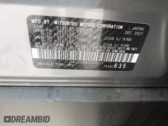 2022 Mitsubishi Outlander SEL z VIN JA4J3VA86NZ058107, wystawiony jako IAAI lot #41941277 z przebiegiem 40 352 mil mil oraz . Historia ofert i sprzedaży dostępna na DreamBid. Obrazek 9.