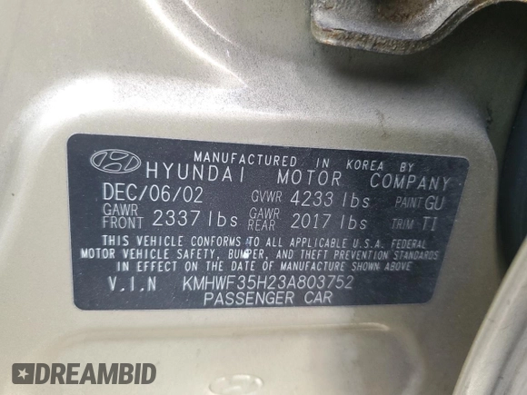 2003 Hyundai Sonata GLS with VIN KMHWF35H23A803752, listed as a Copart auction lot 79953044 with 105,538 mi miles and Salvage Title. Bid and sale history available at carsss.com. Image 12.