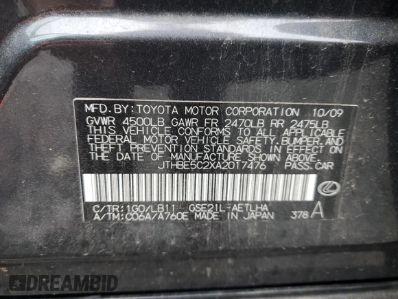 2010 Lexus IS 350 with VIN JTHBE5C2XA2017476, listed as a Copart auction lot 55047375 with 113,988 mi miles and Salvage Title. Bid and sale history available at DreamBid. Image 13.