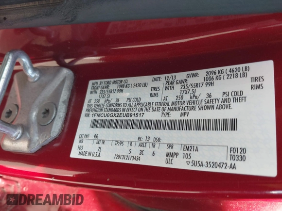 2014 Ford Escape SE z VIN 1FMCU0GX2EUB91517, wystawiony jako IAAI lot #42231093 z przebiegiem 67 436 mil mil oraz . Historia ofert i sprzedaży dostępna na DreamBid. Obrazek 9.