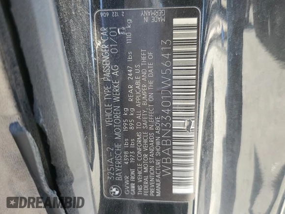2001 BMW 3 Series 325Ci with VIN WBABN33401JW56413, listed as a Copart auction lot 73610734 with 187,259 mi miles and Salvage Title. Bid and sale history available at carsss.com. Image 12.